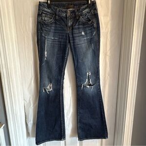 Silver Eden Jeans Womens Sz 27/33 Flare Leg Distressed Ripped Dark Wash Y2K‎ 90s